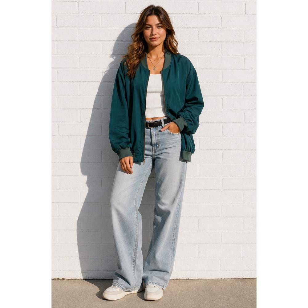 Vintage Teal Green 100% Silk Bomber‎ Jacket Zip Up Oversized Streetwear XL